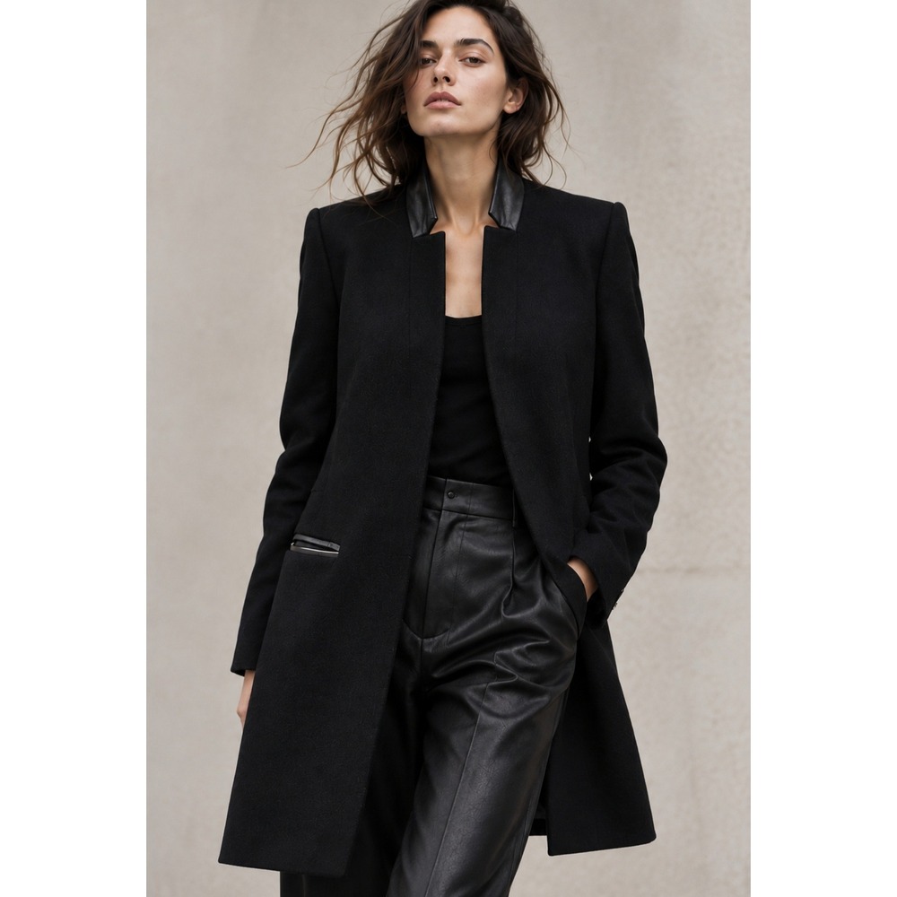 RARE SAMPLE Helmut Lang Linear Drape Black Leather Trim Wool Avant Garde Coat M